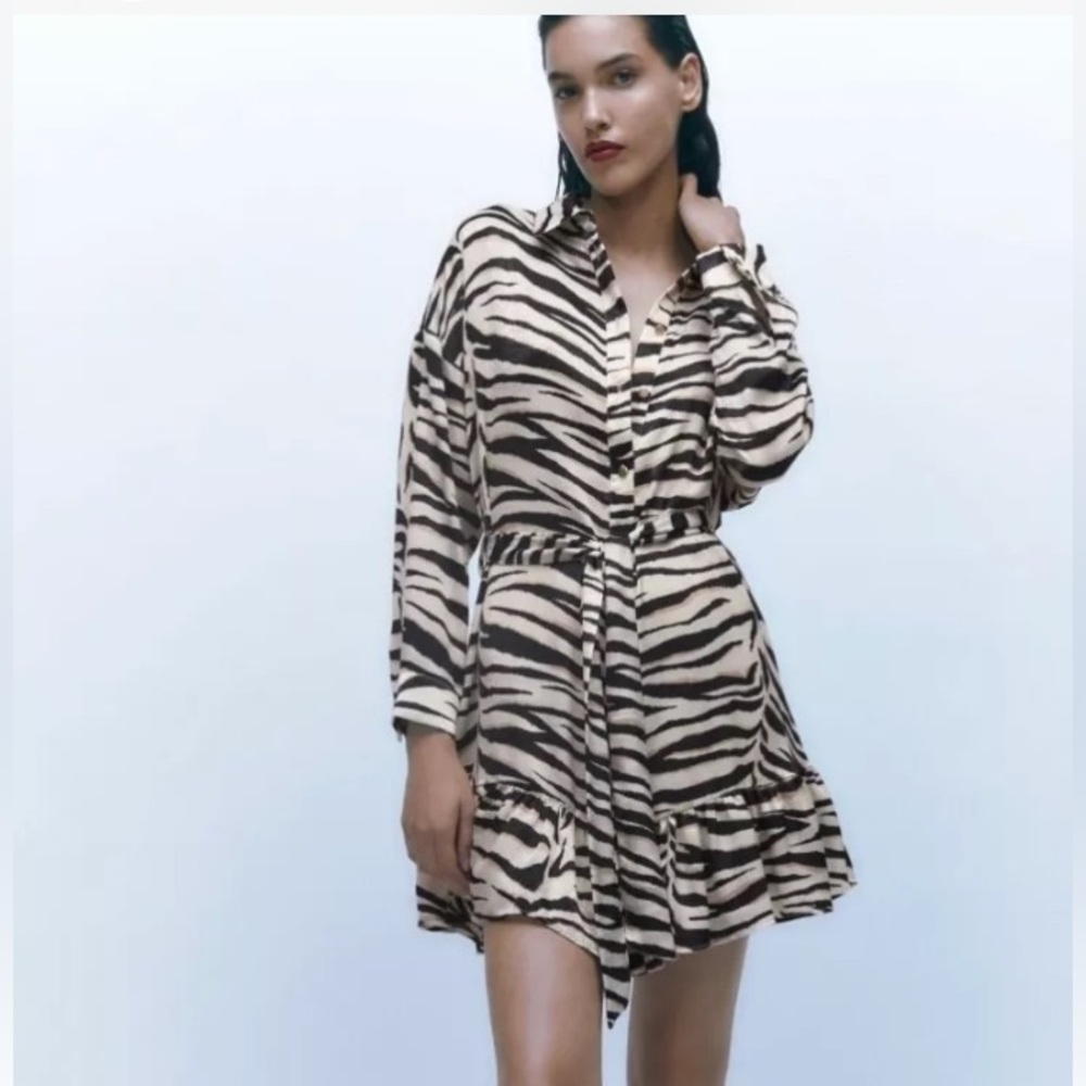 Zara Satin Effect Animal Print Belted Ruffle Hem Shirt Dress sz M